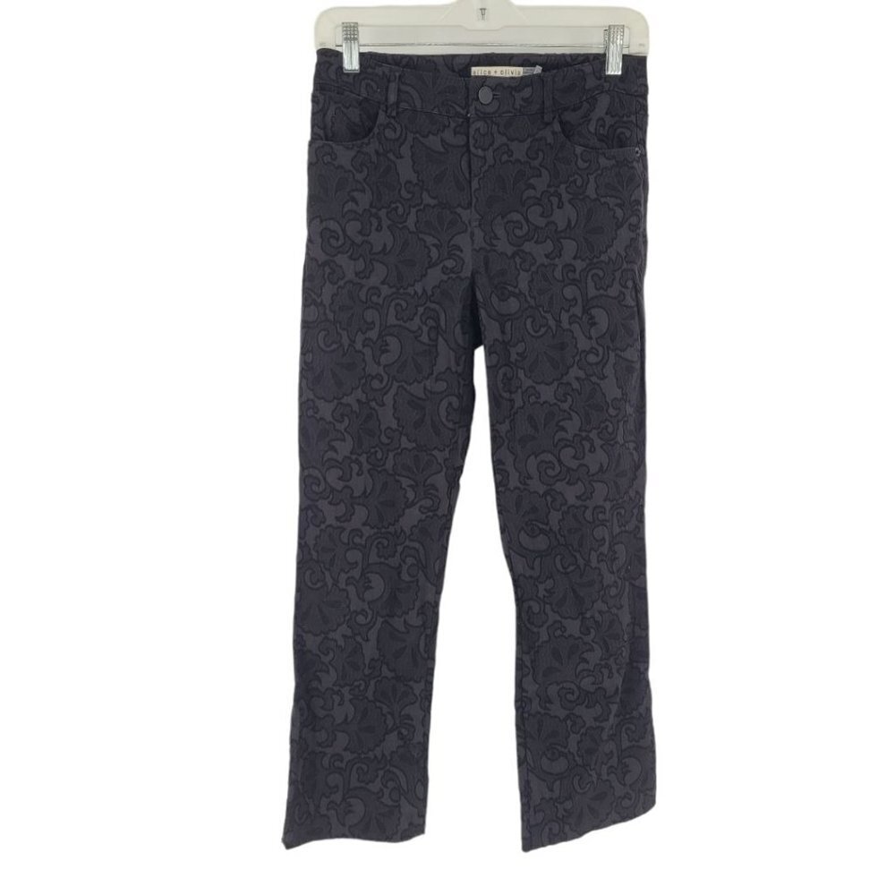 Alice + Olivia womens 2 Black textured Jacquard slim fitted dress pants